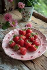 Poster - plate full of vibrant red strawberries placed on a wooden table