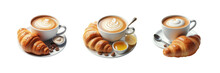 Set Of White Cups Of Coffee With Croissants, Illustration, Isolated Over On Transparent White Background
