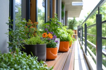 Aufkleber - Colorful flower pots lined up on a modern urban balcony with wooden floor and metal railing.