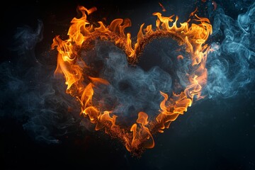 Poster - heart-shaped flame engulfed in swirling smoke, black background 