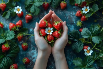 Poster - person holding a bunch of ripe strawberries in their hands, showcasing the vibrant red color and freshness of the fruit
