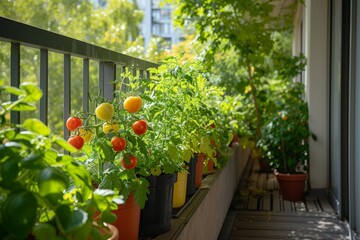 Poster - A beautiful arrangement of various potted plants sitting in a row on a balcony, creating a peaceful and harmonious display of nature against the backdrop of urban living