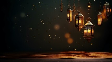 Poster - Ramadan Kareem's background with Arabic lanterns on a wooden table