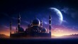 Ramadan Kareem's background with mosque and full moon. Vector illustration