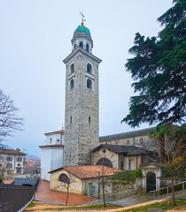 Wall Mural - Lugano Cathedral (Cattedrale di San Lorenzo) with high bell tower, Switzerland