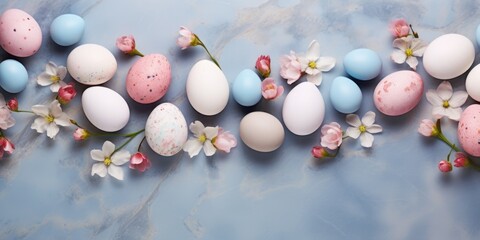 Poster - Fresh eggs and vibrant flowers on a blue background. Perfect for spring or Easter-themed projects