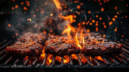 Poster - hamburgers sizzling on a grill as flames dance around them. The juicy patties are being cooked to perfection, giving off a mouthwatering aroma