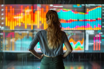 Poster - A woman is seen standing in front of a display showcasing a series of graphs. The graphs visualize data and statistics, providing insights and analysis on a particular subject