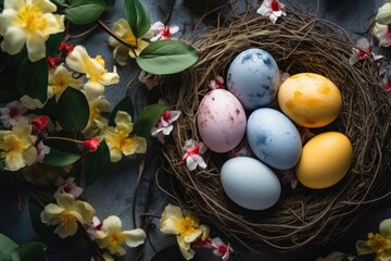 Poster - A bird nest filled with eggs and flowers, perfect for springtime themes