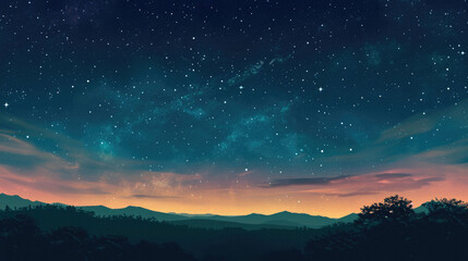 Wall Mural - Night sky with stars and silhouettes of mountains .