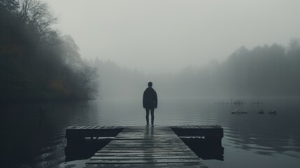 Poster - A person standing on a dock in the middle of a lake. Ideal for travel or relaxation concepts