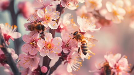 Close up bee flies near a flower collecting nectar in spring and summer	
