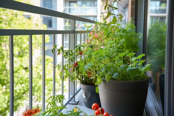 Poster - balcony brimming with a colorful array of potted plants and flourishing vegetables, creating a mini garden paradise in an urban setting