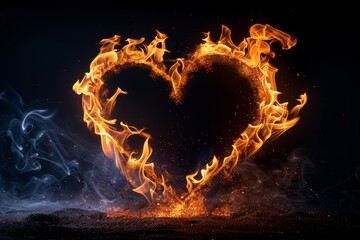 Poster - heart symbol made out of intense, blazing fire against a stark black background. The vibrant flames engulf the heart shape, creating a captivating visual effect