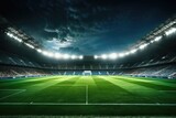 Fototapeta Sport - A soccer stadium with a green field and bright lights. Perfect for sports events advertising