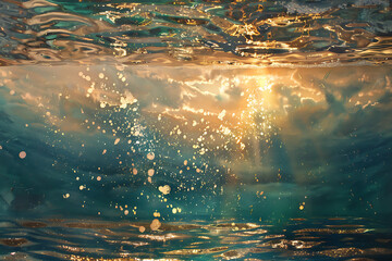 Wall Mural - under the surface of sea water with golden sunlight u