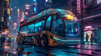 Wall Mural - a bus is driving down the street at night time