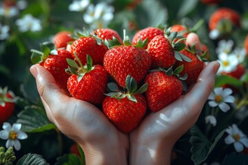 Canvas Print - A persons hands holding a bunch of freshly picked strawberries