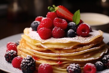 Canvas Print - A stack of pancakes topped with fresh berries and powdered sugar. Great for food and breakfast concepts