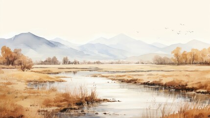 Aufkleber - Scenic painting of a river flowing through a dry grass field, perfect for nature and landscape themed designs