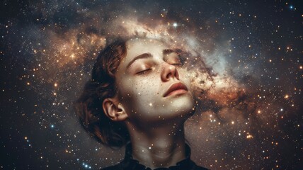 Sleeping woman face. Fairy stars, red tint and colorful cloud