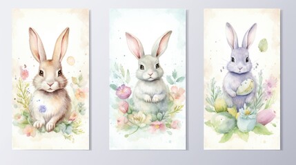 Sticker - Three watercolor Easter banners featuring adorable bunnies and colorful flowers. Perfect for Easter promotions and spring-themed designs