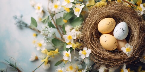 Poster - Three eggs in a nest with flowers on a table. Perfect for Easter decorations