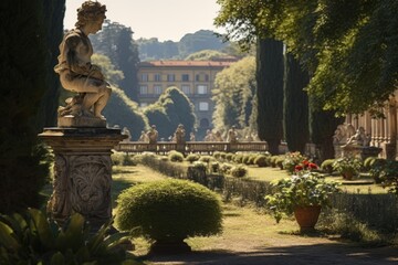 Poster - A serene garden with a central statue. Suitable for various design projects