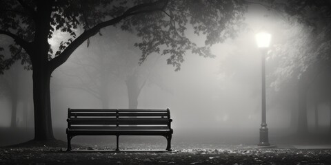 Poster - A serene black and white photo of a park bench. Perfect for nature or relaxation concepts