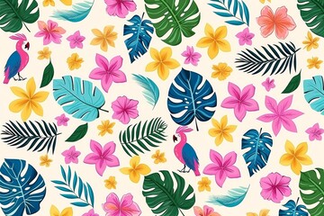 Poster - vibrant and intricate pattern of tropical leaves and flowers laid out against a white background. The colorful foliage creates a mesmerizing and artistic composition