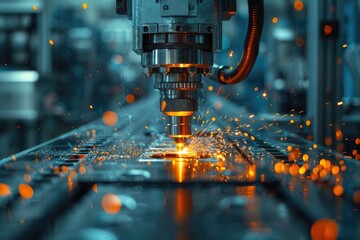 Poster - In a bustling factory, a screenshot captures the electrifying beauty of an engineering marvel as sparks fly from a machine, illuminating the intricate circuitry within