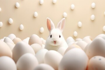 Wall Mural - White rabbit sitting in a pile of colorful Easter eggs. Perfect for Easter holiday designs