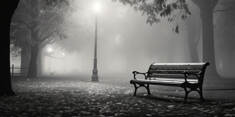 Poster - A serene black and white photo of a park bench. Suitable for various design projects