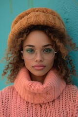 Sticker - A stylish woman wearing glasses and a pink sweater stands confidently in the photo. Her captivating look exudes a sense of sophistication and charm