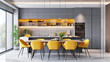 Modern interior, chic kitchen with wall units, smooth countertops, bright yellow dining chairs and large French window