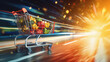 Shopping cart with fresh vegetables on the road with motion blur background