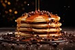 Sweet stack of pancakes with syrup and chocolate chips. Perfect for food blogs or breakfast menus