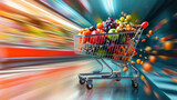 Fototapeta  - Shopping cart full of fresh fruits and vegetables with motion blur background