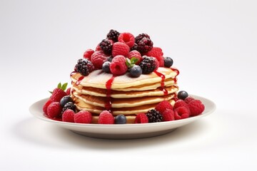 Canvas Print - Delicious stack of pancakes topped with fresh berries and syrup. Perfect for breakfast or brunch