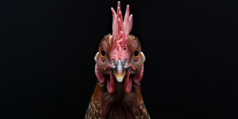 Wall Mural - up-close portrait of a chicken on black background