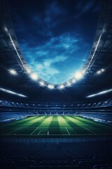 Canvas Print - A soccer stadium with a vibrant green field and bright lights. Ideal for sports events and advertising