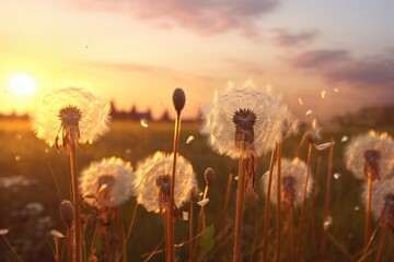 Aufkleber - Beautiful field of dandelions with the sun setting in the background. Ideal for nature and landscape concepts