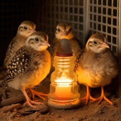 Poster - Group of small birds standing next to a light source. Suitable for nature and wildlife themes