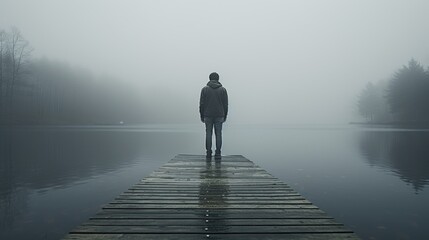 A person standing on a dock in the fog, suitable for various concepts and designs