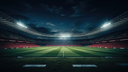 Canvas Print - A soccer field with a stadium in the background. Perfect for sports events promotions