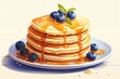 Delicious plate of pancakes with sweet syrup and fresh blueberries. Perfect for breakfast or brunch menus