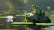 A Bullfrog's Moment of Zen in the Wild | frog in the pond | a green frog sitting on a rock in water