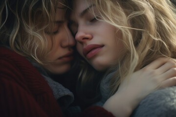 Poster - A heartwarming image of two women embracing. Ideal for illustrating friendship and support