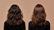 Back view of two women with long brown hair. Rear view .