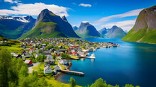 Serene Coastal Landscape: Gjeving, Norway - A Rhapsody In Blue, Green, And Traditional Architecture
